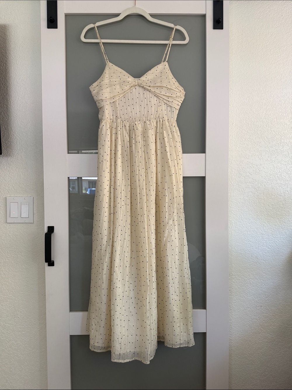 Cream Polka Dot Maxi Dress with Twisted Bust and Spaghetti Straps